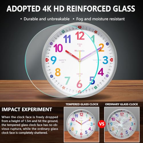 Silver 8-Inch Silent Learning Classroom Wall Clock for Kids - Educational Teacher Clock