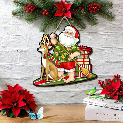 Tropical Beach Christmas Wooden Wreath - Flamingo Welcome Sign