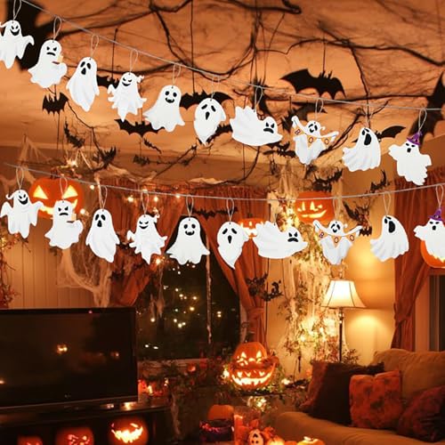 ZRETHFB 20Pcs Wooden Halloween Ghost Hanging Ornaments with Hemp Rope
