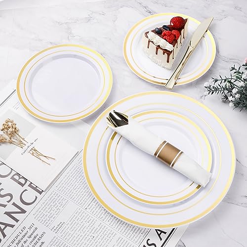 Gold Plastic Dinnerware Set for 75 Guests - 525 Pieces, Disposable & Elegant