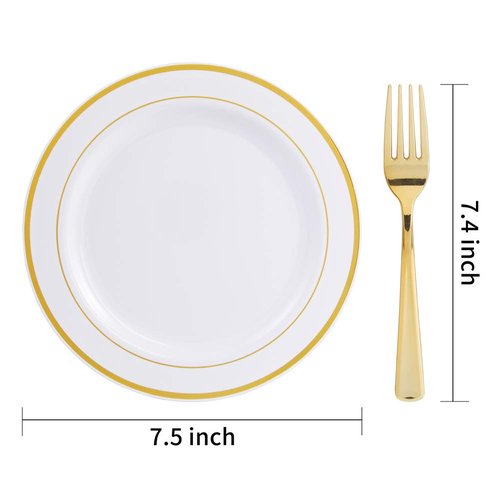 Nervure 204PCS Gold Dessert Plates with Forks - 102PCS 7.5inch Disposable Gold Plastic Plates and 102PCS Plastic Forks Perfect for Salads, Desserts, Parties, Catering, Christmas & Party & Father's Day