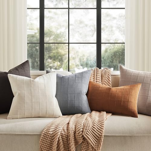 ZeeMart 18x18 Ivory Checked Throw Pillow Covers, Set of 2 Farmhouse Grid