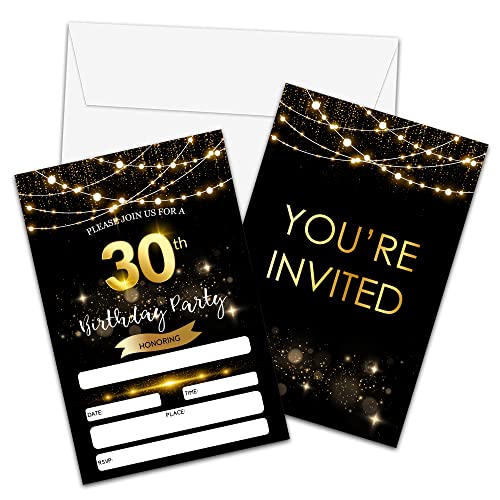 30th Birthday Party Invitations with Envelopes Black Gold 20 Pack