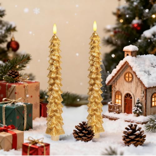 4PC Gold Flameless Christmas Tree Taper Candles - Holiday Decor