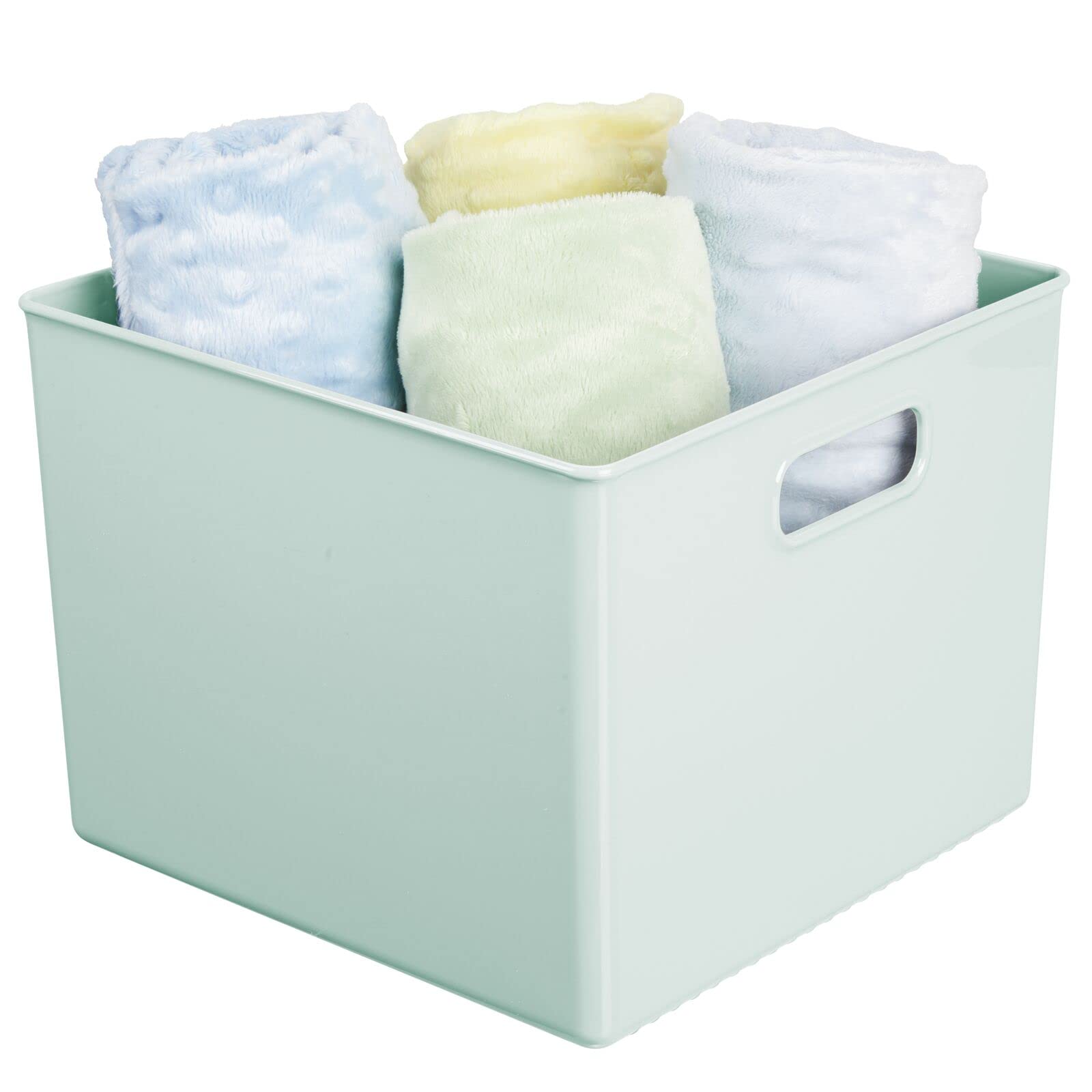 mDesign Plastic Deep Home Storage Organizer Basket Bin, Handles for Cube Furniture Shelving in Office, Closet, Bedroom, Laundry Room, Nursery, Kids Toy Room Shelf, Ligne Collection, 4 Pack, Mint Green