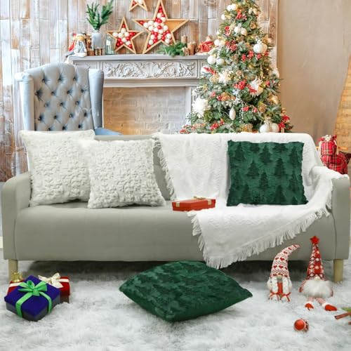 ANOOVV 18x18 Green Christmas Tree Pillow Covers, Set of 2 Soft Plush Cases