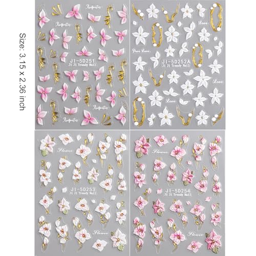 5D Embossed Flower Nail Stickers - Pink & White Floral Decals (4 Sheets)