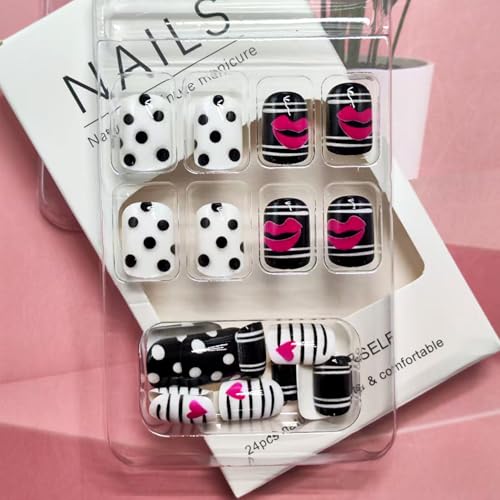 Valentine Short Square Press on Nails with Heart and Lip Designs - 24 Pcs