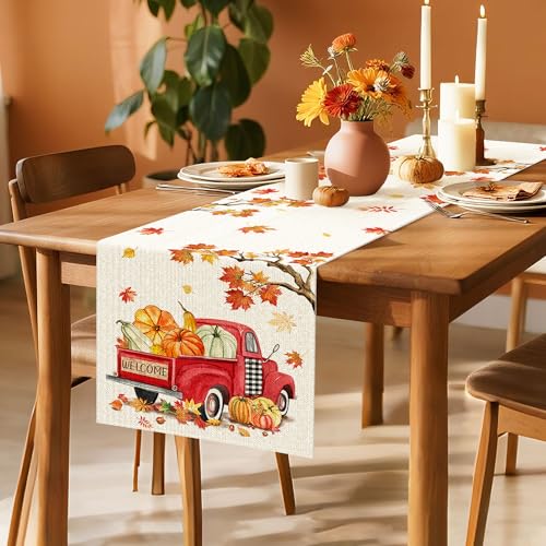 Fall Linen Table Runner 13x54 Inches - Autumn Pumpkin & Maple Leaf Design