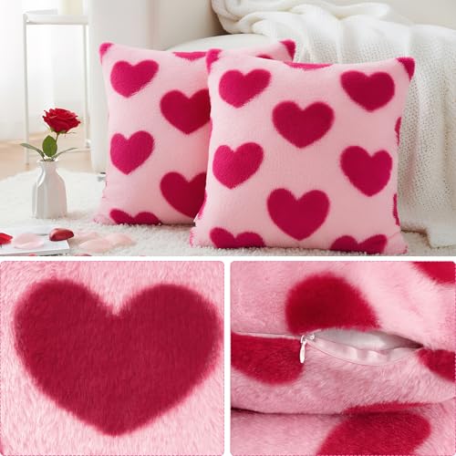 Tiggell Valentine Heart Throw Pillow Covers 18x18 Inch - Pink & Rose Red (2 Pack)
