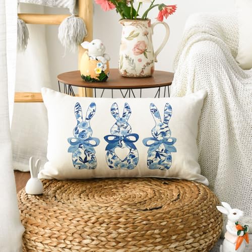 Easter Bunny Throw Pillow Cover - Blue & White Floral Design, 12x20