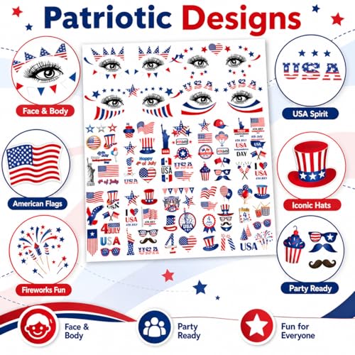Patriotic Temporary Tattoos for Kids and Adults - 128+ Waterproof USA Designs