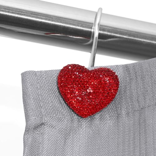 Red Heart Shower Curtain Hooks with Crystal Rhinestones - 12 Pcs