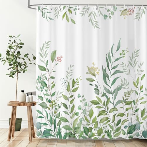 Sage Eucalyptus Leaves Shower Curtain with 12 Hooks - 72x72 inch
