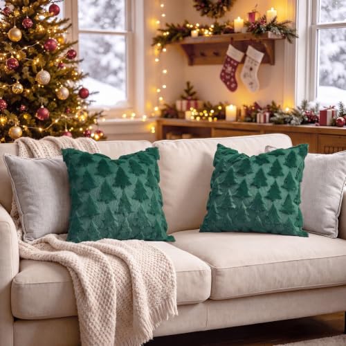 Evergreen Tree Christmas Pillow Covers 18x18 Inch Set of 2 - Green Festive Decor