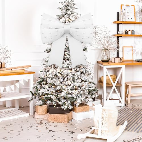 White Christmas Giant Bow with Pearl Satin Decoration for Tree Front Door Holiday Party Outdoor Decor - 24 Inch