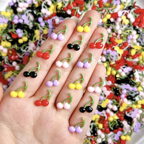 200Pcs 3D Cherry Nail Charms Resin Fruit Flatback Rhinestones for DIY Nail Art