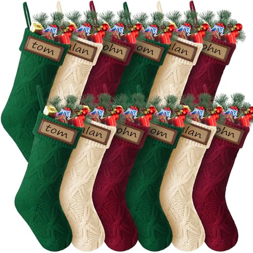 Large Christmas Stockings Set with Leather Name Tags - 18 Inch, Red Green White