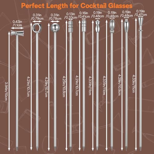 Stainless Steel Martini Cocktail Picks Set of 9 - Reusable Olive Skewers