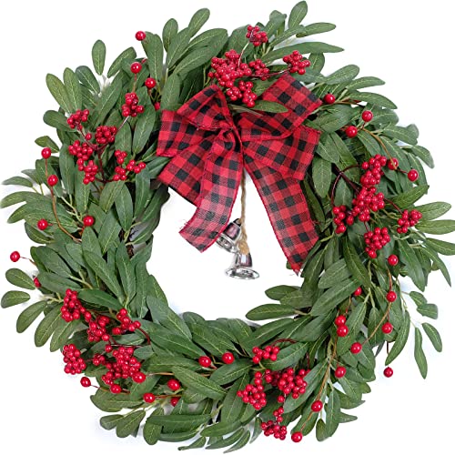 Christmas Olive Wreath for Front Door with Red Berries and Jingle Bell Decor - 20 Inch Farmhouse Holiday Decoration