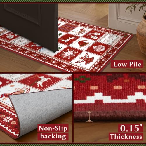 Christmas Runner Rug 2'6"x8' - Red White Patchwork Holiday Decor