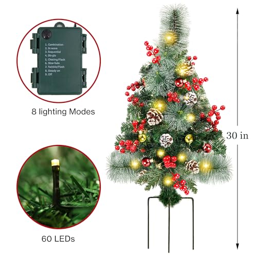 2 Pack 30 Inch Pre-Lit Artificial Christmas Pathway Trees with LED Lights, Berries & Pine Cones
