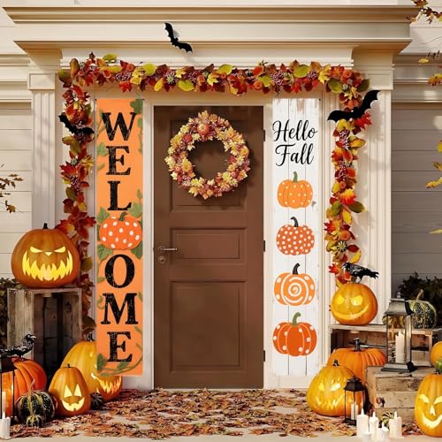HOMETITUTE Fall Welcome Porch Banner Set 12x71 Inch Pumpkin 2 Pack
