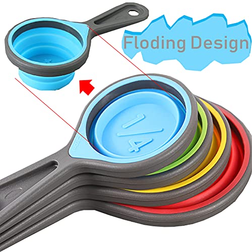 Collapsible Silicone Measuring Cups & Spoons Set - 8 Pieces, Pink & Orange