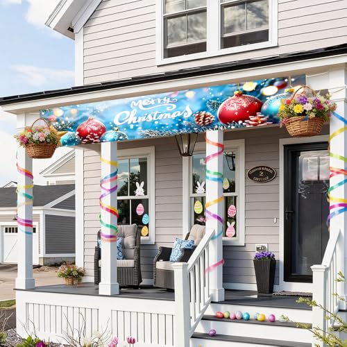 Christmas Outdoor Banner 78.7 x 17.7 Inch with Ornaments & Snowflakes