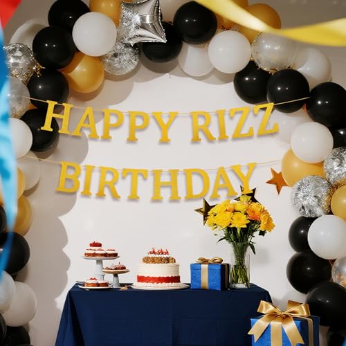 Happy Rizz Birthday Banner Pre-Strung Glitter Gold Party Decoration