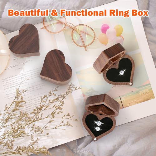 LETURE Wooden Heart-Shaped Ring Box for Engagement & Wedding