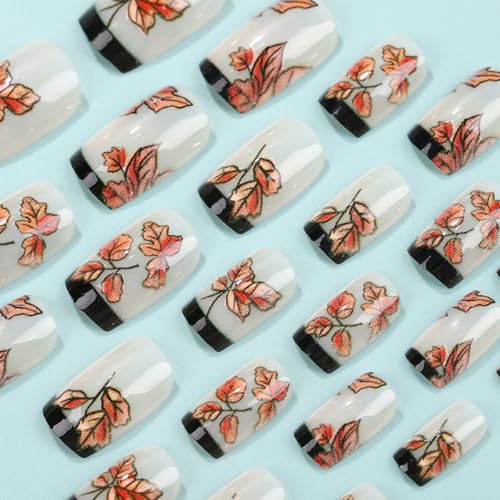 French Tip Press on Nails Medium Square Thanksgiving Maple Leaf Fake Nails