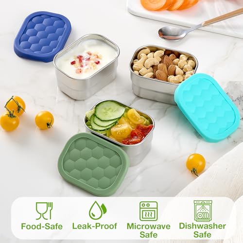 Gencywe Blue 3 Pack Stainless Steel Snack Containers for Kids - Leak Proof & Reusable, 8oz Toddler Lunch Boxes with Silicone Lids