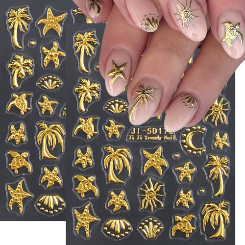Qdsuh 5D Embossed Ocean Summer Nail Stickers Palm Tree Starfish Decals