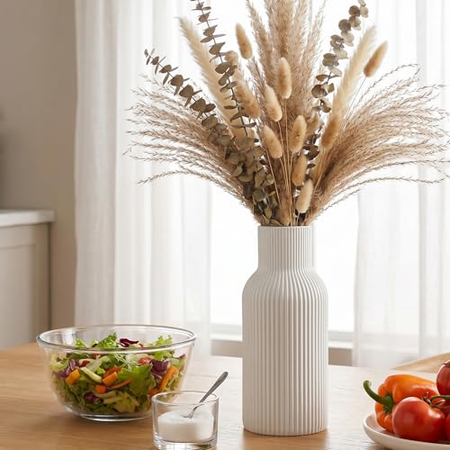 Modern Matte White Ceramic Ribbed Vase for Fresh & Dried Flowers