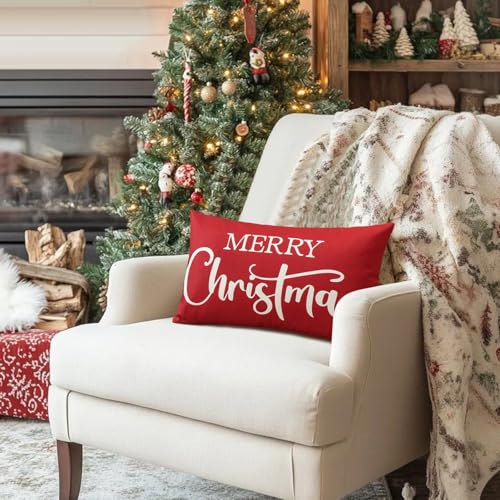 Artscope Merry Christmas Lumbar Pillow Cover 12x20 Inch - Red
