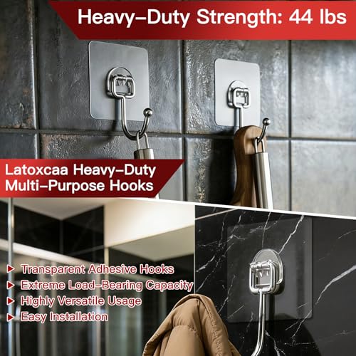Heavy Duty Adhesive Hooks 12-Pack - Waterproof Self-Adhesive Utility Hooks for Home
