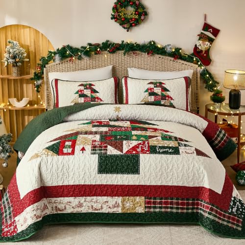 Dobuyly Patchwork Christmas Queen Quilt Set with Tree Farmhouse Design - Queen, Christmas Tree