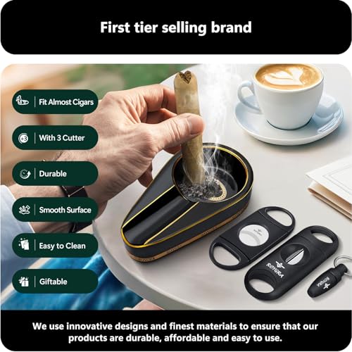 Roygra Black Cigar Ashtray Set with 3 Cutters for Outdoor Use