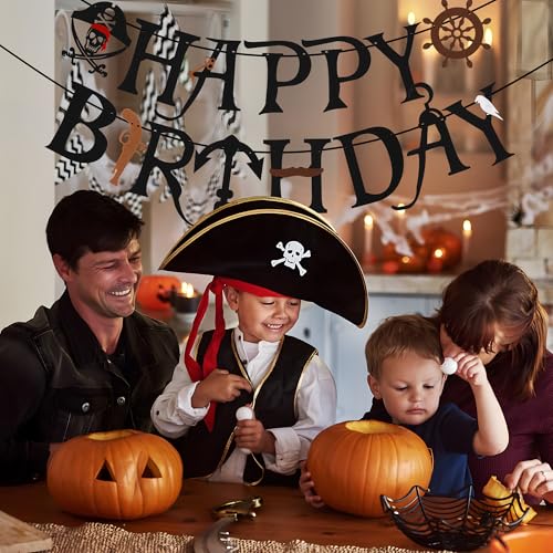Black Felt Pirate Happy Birthday Banner - Reusable Party Bunting Decor