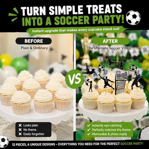 Soccer Cupcake Toppers - 12 Pcs Black Glitter Birthday Party Decor