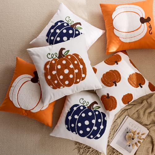 Set of 2 Blue Pumpkin Fall Pillow Covers 16x16 for Autumn Decor