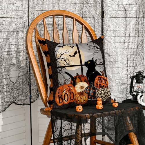 Halloween Pumpkin Cat Throw Pillow Cover, 18x18 Inch - AVOIN