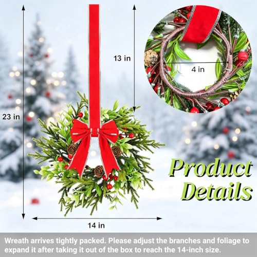 6 Pcs Christmas Wreath for Cabinets 14-Inch with Red Bows & Pine Cones - Holiday Decor