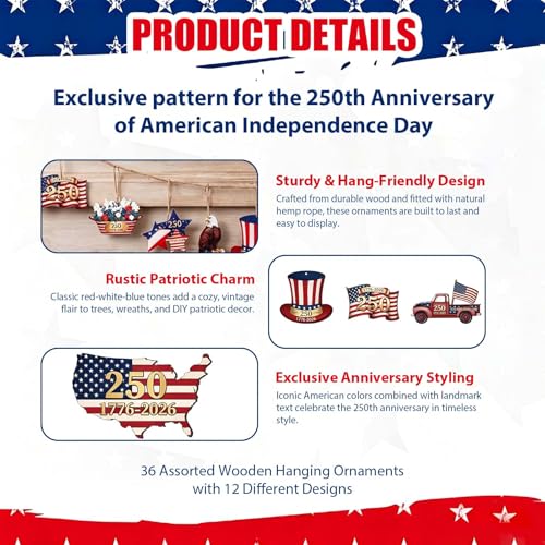 36 Patriotic Wooden Ornaments for 250th Anniversary Celebration