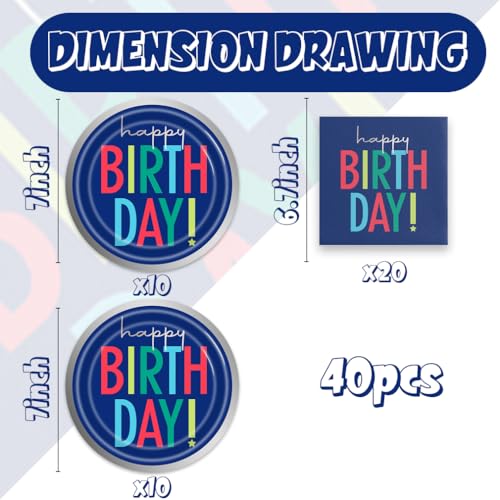 Blue Birthday Party Plates Napkins Set - 40 Pcs Navy Blue Disposable Tableware for Celebrations