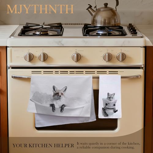 Sketch Fox Hand Towels Set of 2 - Funny Newspaper Fox Bathroom Decor, 16x24 Inches, Black & White Forest Animal Gift