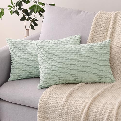 Light Green Corduroy Throw Pillow Covers 18x18 Inch - Set of 2 Striped Cases