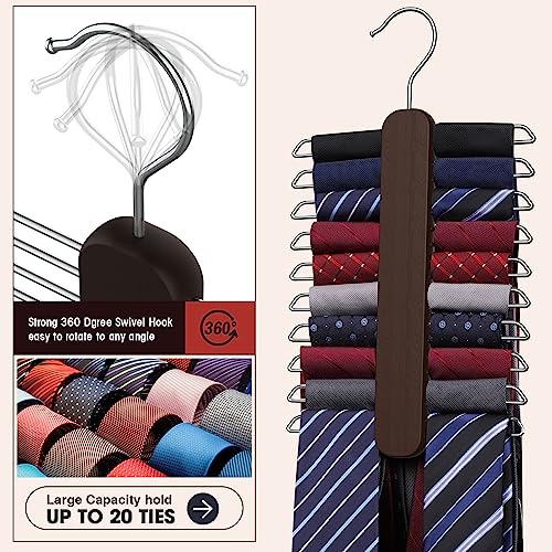 Uinicor 20-Hook Wooden Tie Hanger - 360° Rotating Tie Organizer, Walnut