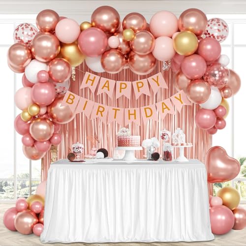 Rose Gold Birthday Decorations Set with Balloons, Banner and Fringe Curtain